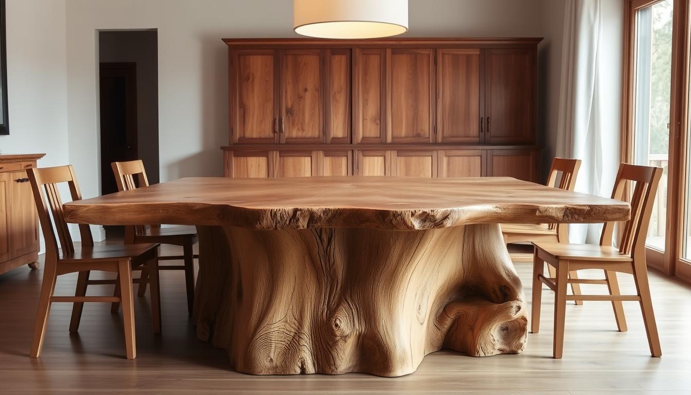Ein handgefertigter Baumstammtisch aus Eiche als Herzstück des Esszimmers